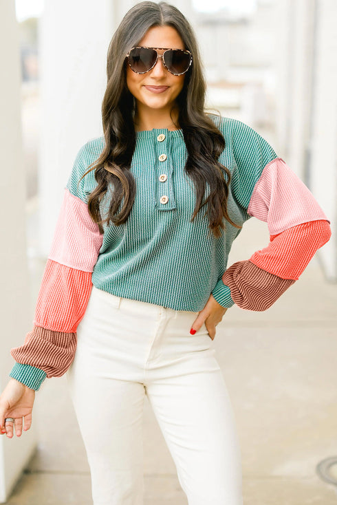 Button Henley Patchwork Textured Knit Balloon Sleeve Top Longline Casual